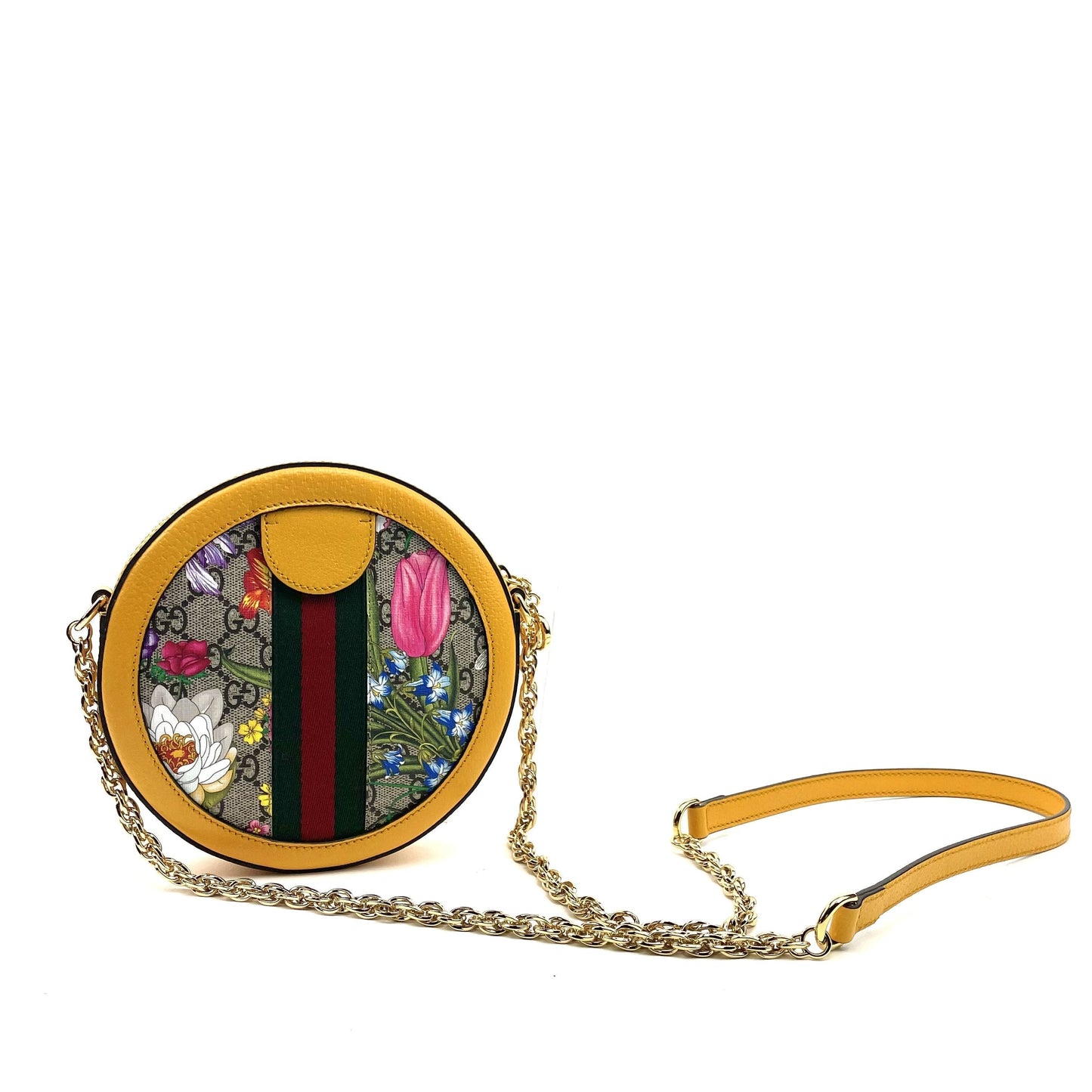 GUCCI Yellow Ophidia GG Flora Mini Round Shoulder Bag