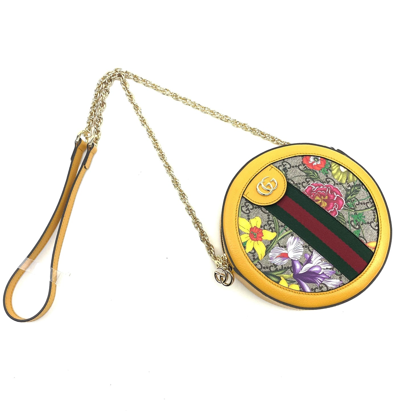 GUCCI Yellow Ophidia GG Flora Mini Round Shoulder Bag