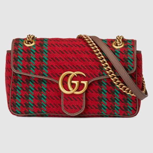 GG Marmont small Houndstooth shoulder bag Red and Green wool