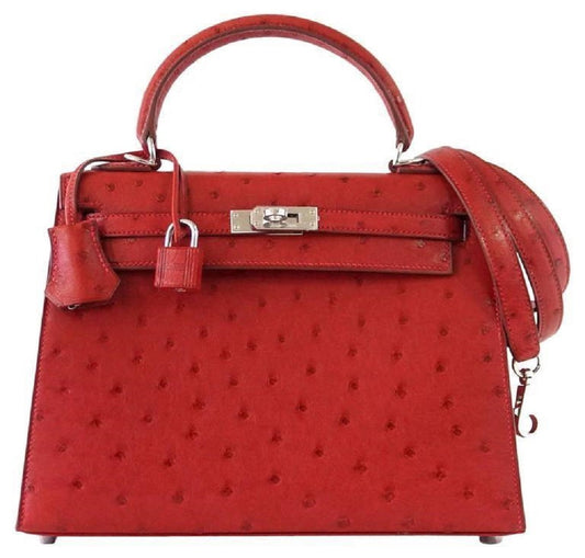 Hermès Kelly Sellier 25 Rouge Ostrich PHW Bag