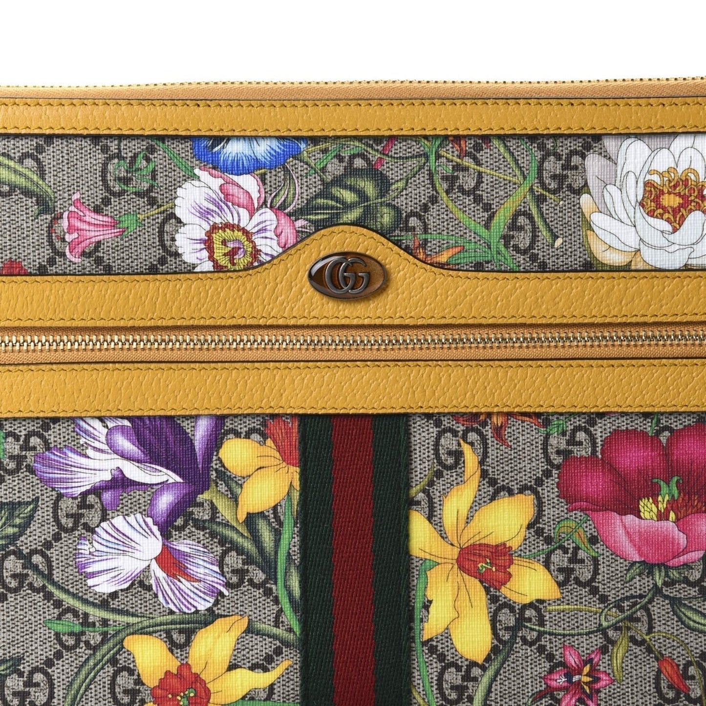 Gucci Ophidia Yellow Leather Supreme Canvas Flora Large Pouch Clutch Bag