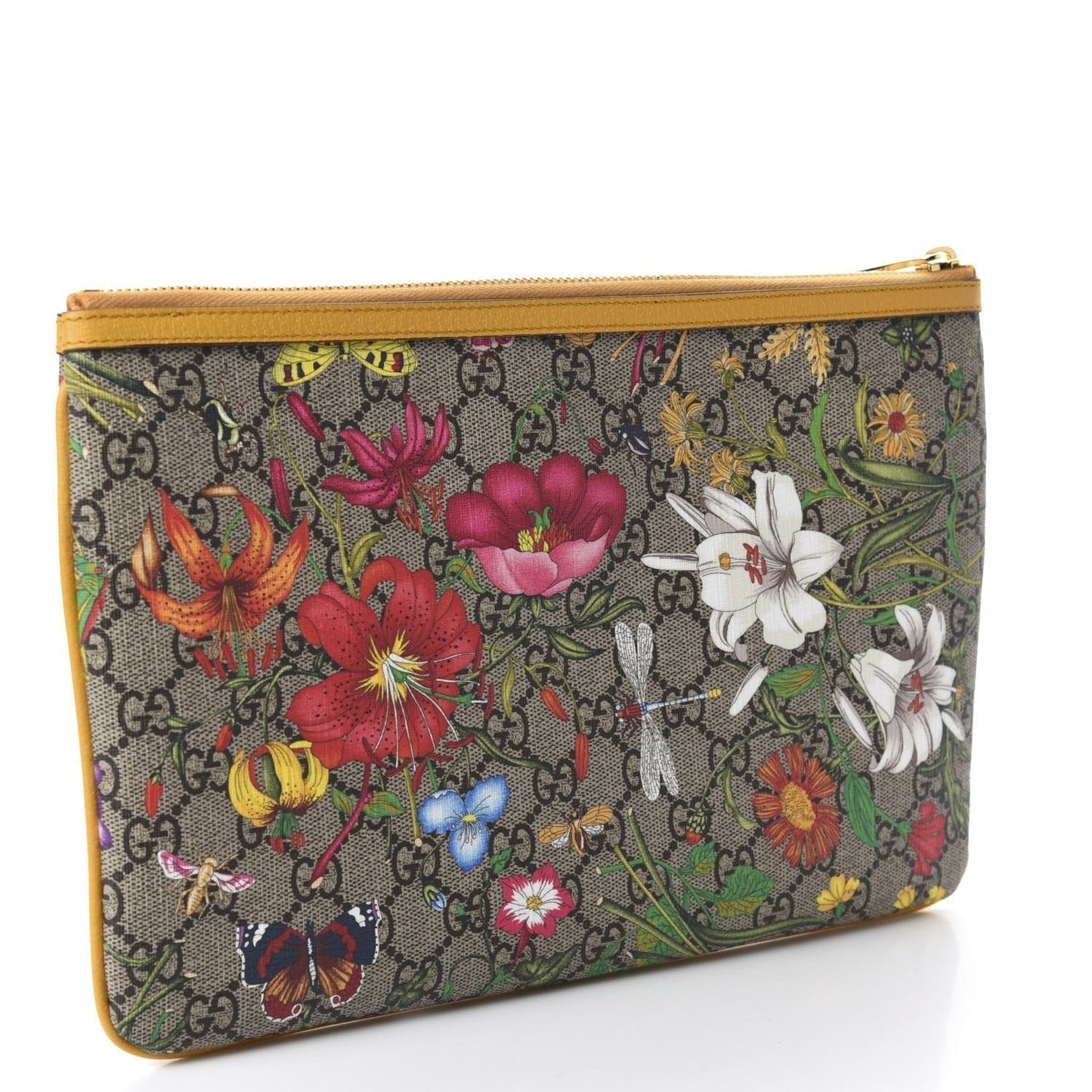 Gucci Ophidia Yellow Leather Supreme Canvas Flora Large Pouch Clutch Bag