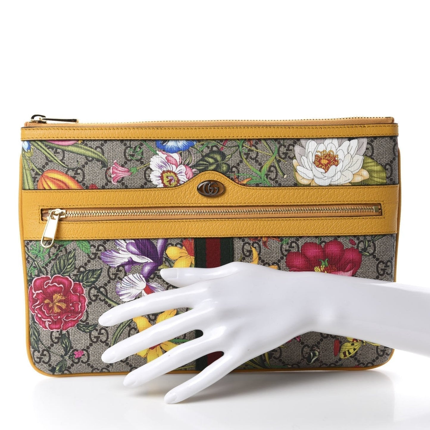 Gucci Ophidia Yellow Leather Supreme Canvas Flora Large Pouch Clutch Bag