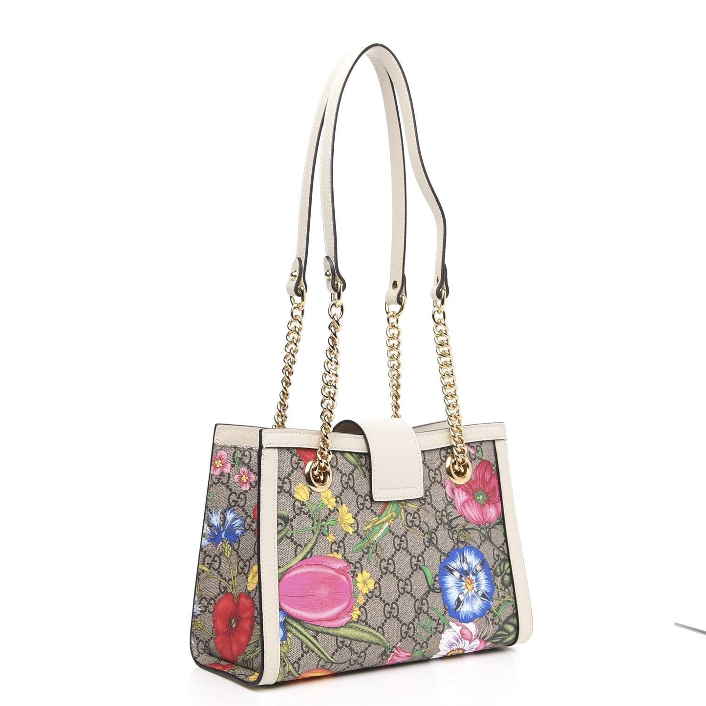 Gucci White GG Supreme Monogram Flora Small Padlock Tote