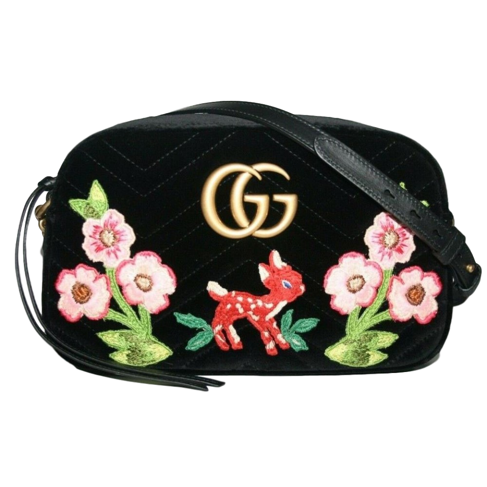 Gucci GG Marmont Matelasse Embroidered Black Nero Velvet Crossbody