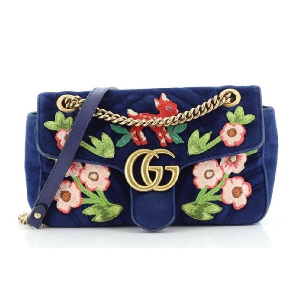 Gucci Flap Marmont GG Embroidered Matelasse Blue Velvet Cross Body