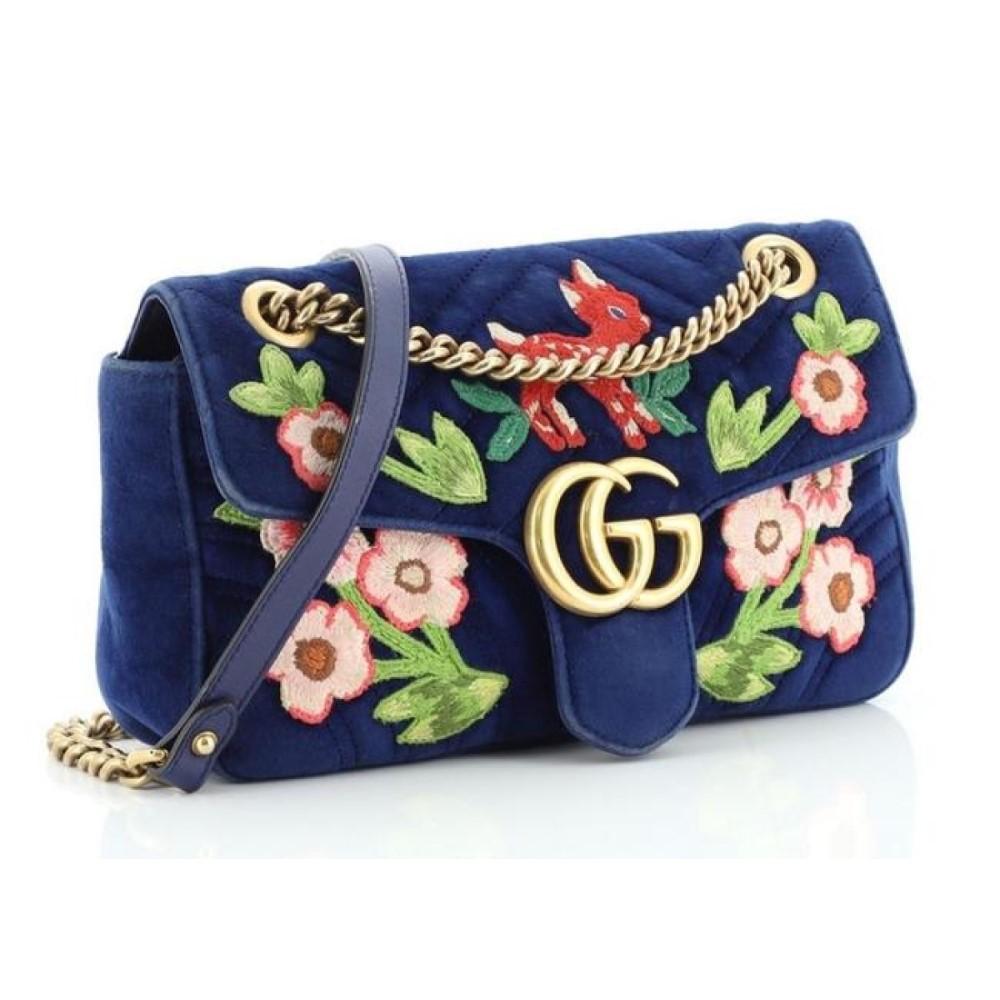 Gucci Flap Marmont GG Embroidered Matelasse Blue Velvet Cross Body