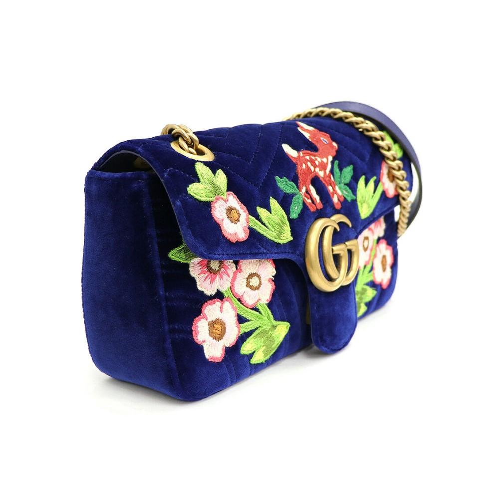 Gucci Flap Marmont GG Embroidered Matelasse Blue Velvet Cross Body