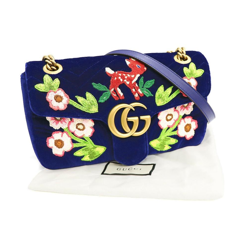 Gucci Flap Marmont GG Embroidered Matelasse Blue Velvet Cross Body