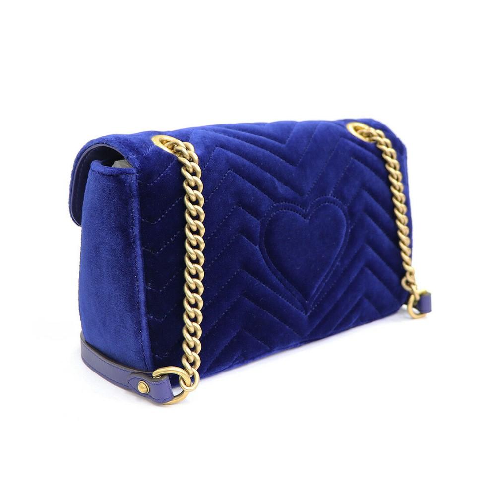 Gucci Flap Marmont GG Embroidered Matelasse Blue Velvet Cross Body