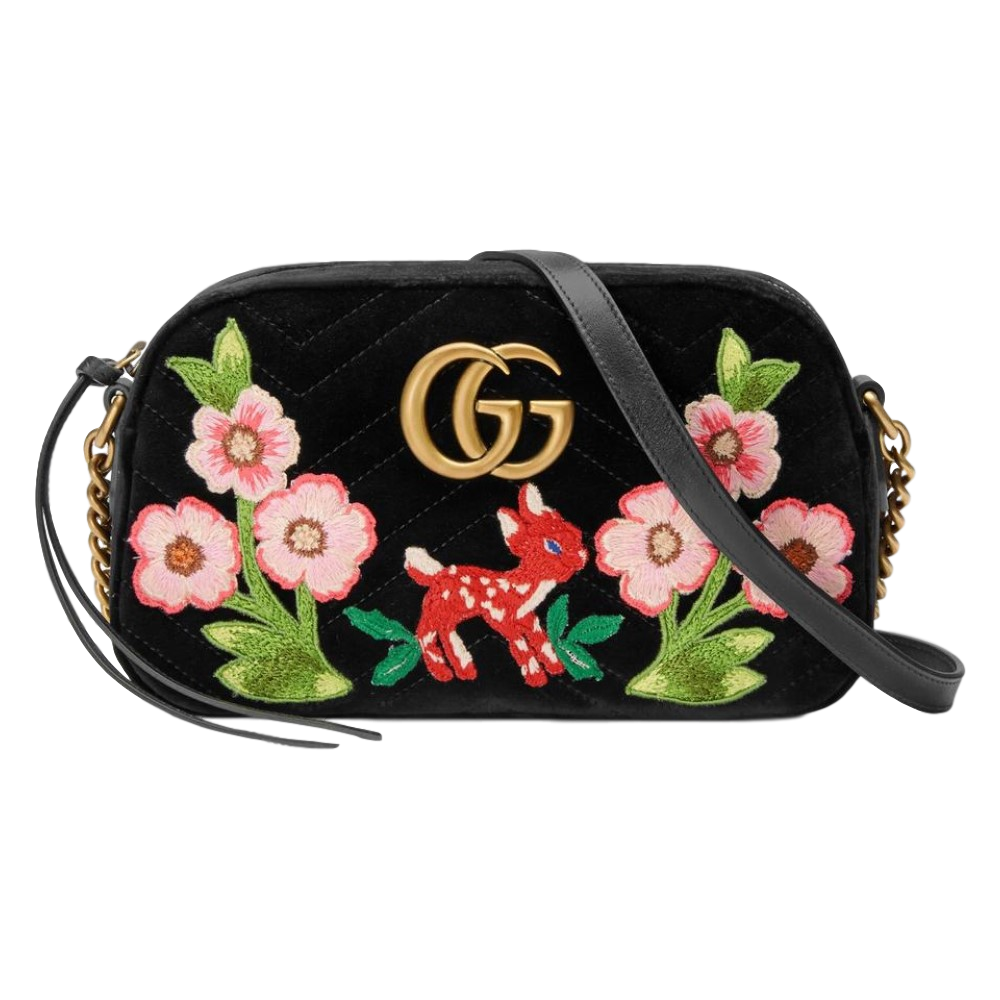 Gucci GG Marmont Matelasse Embroidered Black Nero Velvet Crossbody