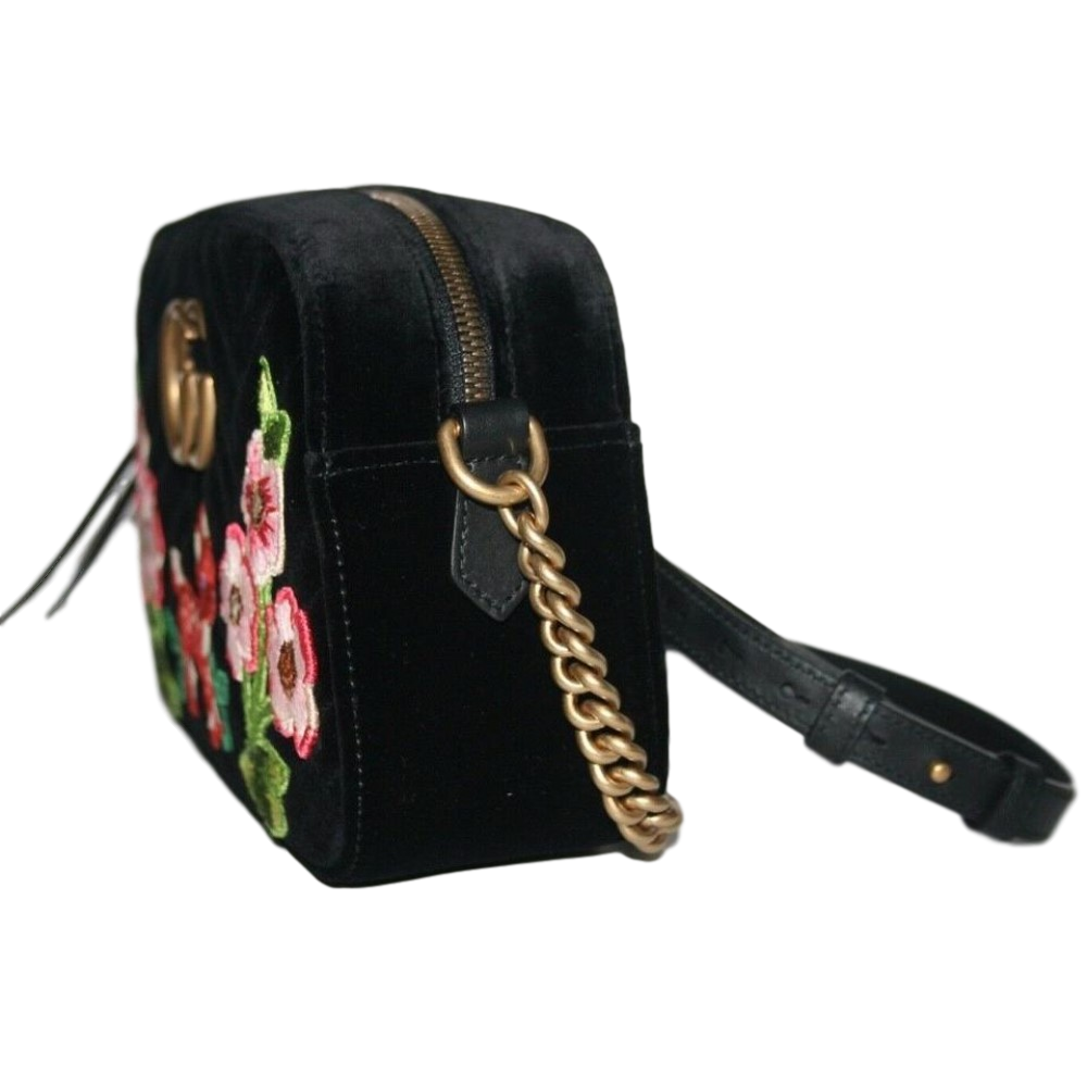 Gucci GG Marmont Matelasse Embroidered Black Nero Velvet Crossbody