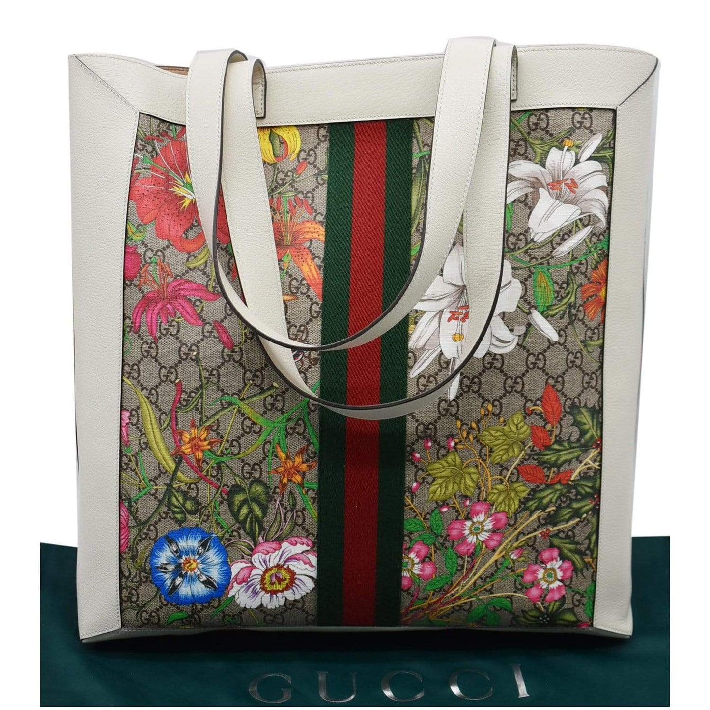 Gucci Ophidia GG Flora Canvas White Leather Vertical Shopping Tote