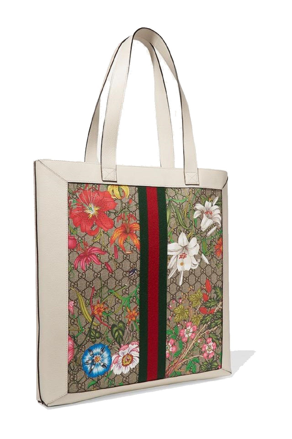 Gucci Ophidia GG Flora Canvas White Leather Vertical Shopping Tote