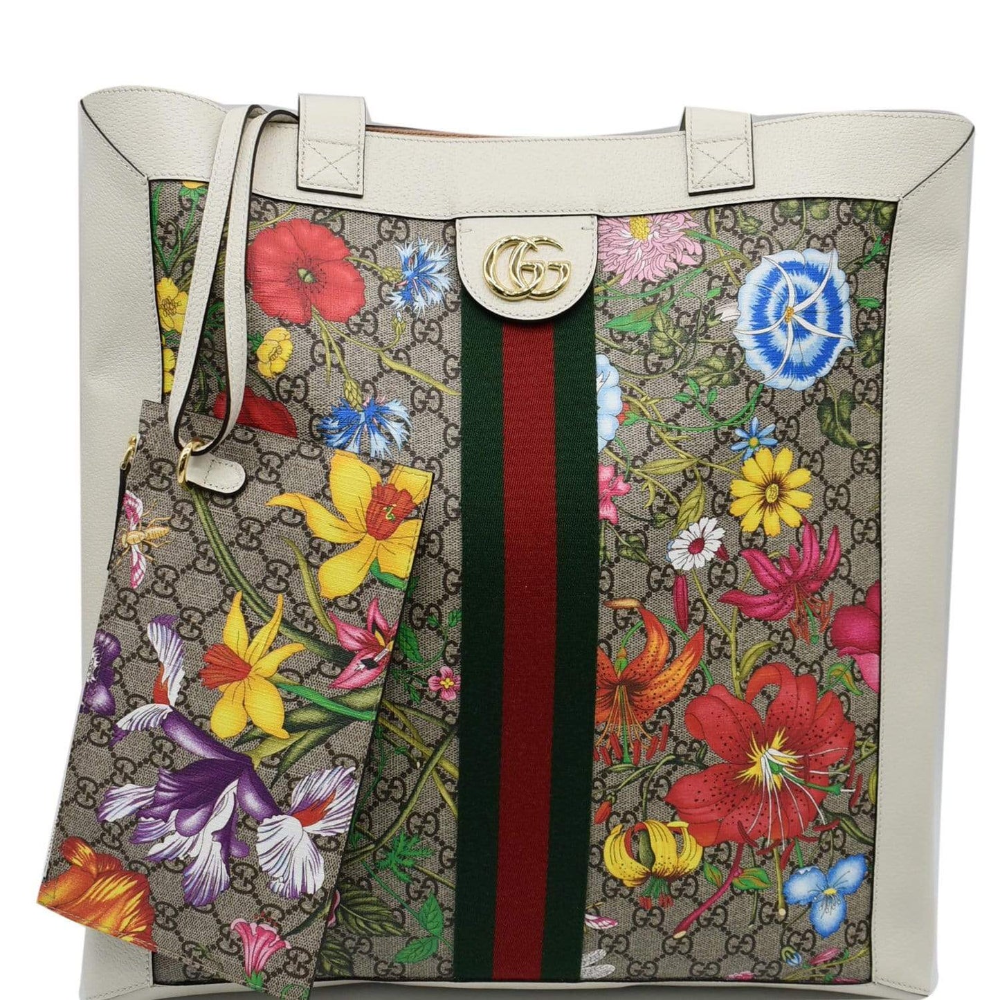 Gucci Ophidia GG Flora Canvas White Leather Vertical Shopping Tote