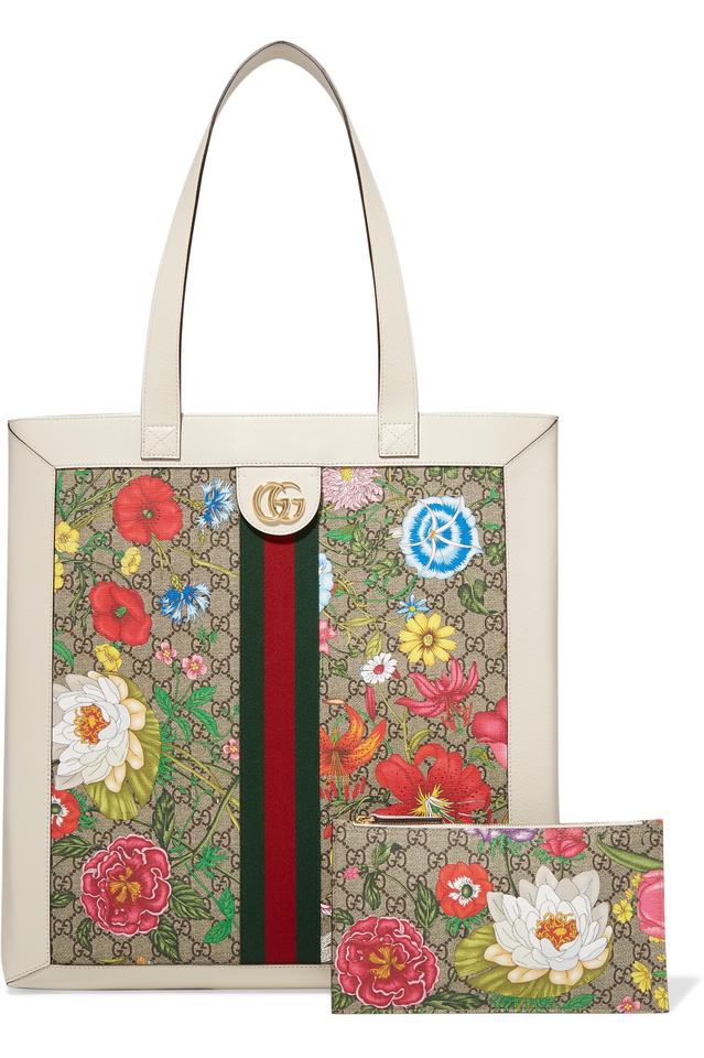 Gucci Ophidia GG Flora Canvas White Leather Vertical Shopping Tote