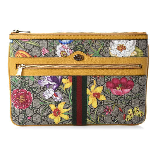 Gucci Ophidia Yellow Leather Supreme Canvas Flora Large Pouch Clutch Bag