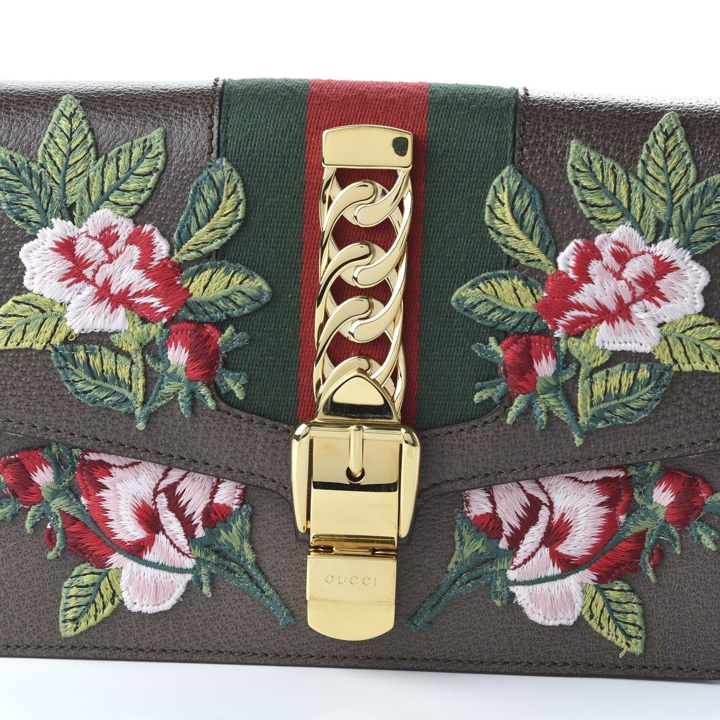 Gucci Sylvie Belt Bag Floral Rose Embroidered Brown Leather