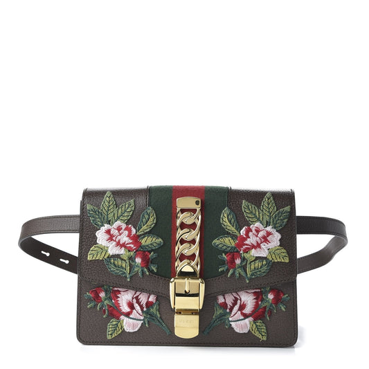 Gucci Sylvie Belt Bag Floral Rose Embroidered Brown Leather