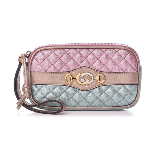 Gucci Women's Dionysus Logo Quilted Laminated Pink Blue Metallic Clutch