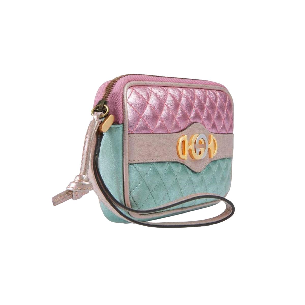 Gucci Women's Dionysus Logo Quilted Laminated Pink Blue Metallic Clutch